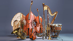 Orchestra musical instruments on grey background. 3D rendering