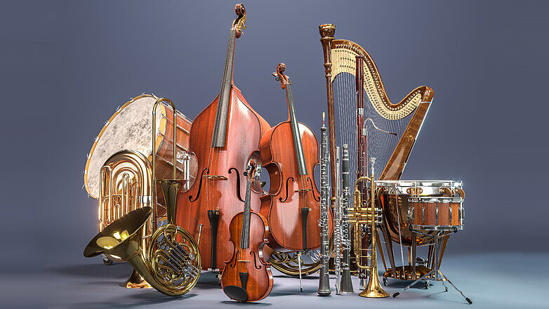 Orchestra musical instruments on grey background. 3D rendering