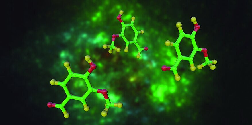 Molecular structure of vanillin, a phenolic aldehyde that used as a flavoring agent in foods, beverages and pharmaceutical. Scientific background. 3d illustration